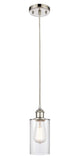516-1P-PN-G802 Cord Hung 3.875" Polished Nickel Mini Pendant - Clear Clymer Glass - LED Bulb - Dimmensions: 3.875 x 3.875 x 10<br>Minimum Height : 12.75<br>Maximum Height : 130.75 - Sloped Ceiling Compatible: Yes