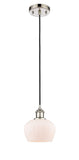516-1P-PN-G91 Cord Hung 6.5" Polished Nickel Mini Pendant - Matte White Fenton Glass - LED Bulb - Dimmensions: 6.5 x 6.5 x 7.5<br>Minimum Height : 11.25<br>Maximum Height : 129.25 - Sloped Ceiling Compatible: Yes