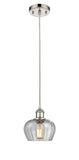 516-1P-PN-G92 Cord Hung 6.5" Polished Nickel Mini Pendant - Clear Fenton Glass - LED Bulb - Dimmensions: 6.5 x 6.5 x 7.5<br>Minimum Height : 11.25<br>Maximum Height : 129.25 - Sloped Ceiling Compatible: Yes