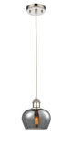 516-1P-PN-G93 Cord Hung 6.5" Polished Nickel Mini Pendant - Plated Smoke Fenton Glass - LED Bulb - Dimmensions: 6.5 x 6.5 x 7.5<br>Minimum Height : 11.25<br>Maximum Height : 129.25 - Sloped Ceiling Compatible: Yes