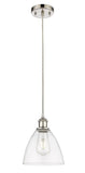 516-1P-PN-GBD-752 Cord Hung 7.5" Polished Nickel Mini Pendant - Clear Ballston Dome Glass - LED Bulb - Dimmensions: 7.5 x 7.5 x 11.25<br>Minimum Height : 14.25<br>Maximum Height : 131.25 - Sloped Ceiling Compatible: Yes