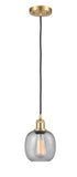 516-1P-SG-G104 Cord Hung 6" Satin Gold Mini Pendant - Seedy Belfast Glass - LED Bulb - Dimmensions: 6 x 6 x 9<br>Minimum Height : 12.75<br>Maximum Height : 130.75 - Sloped Ceiling Compatible: Yes