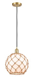 516-1P-SG-G121-10RB Cord Hung 10" Satin Gold Mini Pendant - White Large Farmhouse Glass with Brown Rope Glass - LED Bulb - Dimmensions: 10 x 10 x 13<br>Minimum Height : 15.75<br>Maximum Height : 133.75 - Sloped Ceiling Compatible: Yes