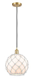 516-1P-SG-G121-10RW Cord Hung 10" Satin Gold Mini Pendant - White Large Farmhouse Glass with White Rope Glass - LED Bulb - Dimmensions: 10 x 10 x 13<br>Minimum Height : 15.75<br>Maximum Height : 133.75 - Sloped Ceiling Compatible: Yes