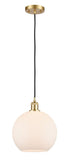 516-1P-SG-G121-10 Cord Hung 10" Satin Gold Mini Pendant - Cased Matte White Large Athens Glass - LED Bulb - Dimmensions: 10 x 10 x 13<br>Minimum Height : 15.75<br>Maximum Height : 133.75 - Sloped Ceiling Compatible: Yes