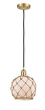 516-1P-SG-G121-8RB Cord Hung 8" Satin Gold Mini Pendant - White Farmhouse Glass with Brown Rope Glass - LED Bulb - Dimmensions: 8 x 8 x 10<br>Minimum Height : 13.75<br>Maximum Height : 131.75 - Sloped Ceiling Compatible: Yes