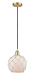 516-1P-SG-G121-8RW Cord Hung 8" Satin Gold Mini Pendant - White Farmhouse Glass with White Rope Glass - LED Bulb - Dimmensions: 8 x 8 x 10<br>Minimum Height : 13.75<br>Maximum Height : 131.75 - Sloped Ceiling Compatible: Yes
