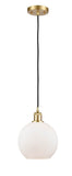 516-1P-SG-G121-8 Cord Hung 8" Satin Gold Mini Pendant - Cased Matte White Athens Glass - LED Bulb - Dimmensions: 8 x 8 x 10<br>Minimum Height : 13.75<br>Maximum Height : 131.75 - Sloped Ceiling Compatible: Yes