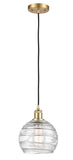 516-1P-SG-G1213-8 Cord Hung 8" Satin Gold Mini Pendant - Clear Athens Deco Swirl 8" Glass - LED Bulb - Dimmensions: 8 x 8 x 10<br>Minimum Height : 13.75<br>Maximum Height : 131.75 - Sloped Ceiling Compatible: Yes