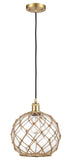 516-1P-SG-G122-10RB Cord Hung 10" Satin Gold Mini Pendant - Clear Large Farmhouse Glass with Brown Rope Glass - LED Bulb - Dimmensions: 10 x 10 x 13<br>Minimum Height : 15.75<br>Maximum Height : 133.75 - Sloped Ceiling Compatible: Yes