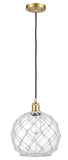 516-1P-SG-G122-10RW Cord Hung 10" Satin Gold Mini Pendant - Clear Large Farmhouse Glass with White Rope Glass - LED Bulb - Dimmensions: 10 x 10 x 13<br>Minimum Height : 15.75<br>Maximum Height : 133.75 - Sloped Ceiling Compatible: Yes