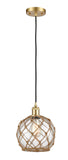 516-1P-SG-G122-8RB Cord Hung 8" Satin Gold Mini Pendant - Clear Farmhouse Glass with Brown Rope Glass - LED Bulb - Dimmensions: 8 x 8 x 10<br>Minimum Height : 13.75<br>Maximum Height : 131.75 - Sloped Ceiling Compatible: Yes