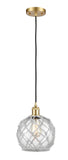 516-1P-SG-G122-8RW Cord Hung 8" Satin Gold Mini Pendant - Clear Farmhouse Glass with White Rope Glass - LED Bulb - Dimmensions: 8 x 8 x 10<br>Minimum Height : 13.75<br>Maximum Height : 131.75 - Sloped Ceiling Compatible: Yes