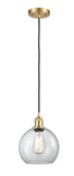 516-1P-SG-G122-8 Cord Hung 8" Satin Gold Mini Pendant - Clear Athens Glass - LED Bulb - Dimmensions: 8 x 8 x 10<br>Minimum Height : 13.75<br>Maximum Height : 131.75 - Sloped Ceiling Compatible: Yes