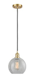 516-1P-SG-G125-8 Cord Hung 8" Satin Gold Mini Pendant - Clear Crackle Athens Glass - LED Bulb - Dimmensions: 8 x 8 x 10<br>Minimum Height : 13.75<br>Maximum Height : 131.75 - Sloped Ceiling Compatible: Yes