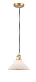 516-1P-SG-G131 Cord Hung 8.375" Satin Gold Mini Pendant - Matte White Orwell Glass - LED Bulb - Dimmensions: 8.375 x 8.375 x 6.5<br>Minimum Height : 10.75<br>Maximum Height : 128.75 - Sloped Ceiling Compatible: Yes