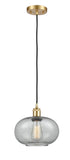 516-1P-SG-G247 Cord Hung 9.5" Satin Gold Mini Pendant - Charcoal Gorham Glass - LED Bulb - Dimmensions: 9.5 x 9.5 x 11<br>Minimum Height : 13.75<br>Maximum Height : 131.75 - Sloped Ceiling Compatible: Yes