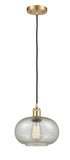 516-1P-SG-G249 Cord Hung 9.5" Satin Gold Mini Pendant - Mica Gorham Glass - LED Bulb - Dimmensions: 9.5 x 9.5 x 11<br>Minimum Height : 13.75<br>Maximum Height : 131.75 - Sloped Ceiling Compatible: Yes