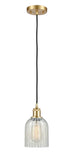 516-1P-SG-G2511 Cord Hung 5" Satin Gold Mini Pendant - Mouchette Caledonia Glass - LED Bulb - Dimmensions: 5 x 5 x 10<br>Minimum Height : 12.75<br>Maximum Height : 130.75 - Sloped Ceiling Compatible: Yes