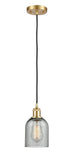 516-1P-SG-G257 Cord Hung 5" Satin Gold Mini Pendant - Charcoal Caledonia Glass - LED Bulb - Dimmensions: 5 x 5 x 10<br>Minimum Height : 12.75<br>Maximum Height : 130.75 - Sloped Ceiling Compatible: Yes