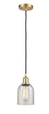516-1P-SG-G259 Cord Hung 5" Satin Gold Mini Pendant - Mica Caledonia Glass - LED Bulb - Dimmensions: 5 x 5 x 10<br>Minimum Height : 12.75<br>Maximum Height : 130.75 - Sloped Ceiling Compatible: Yes