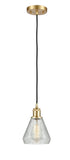 516-1P-SG-G275 Cord Hung 6" Satin Gold Mini Pendant - Clear Crackle Conesus Glass - LED Bulb - Dimmensions: 6 x 6 x 10<br>Minimum Height : 13.75<br>Maximum Height : 131.75 - Sloped Ceiling Compatible: Yes