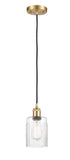 516-1P-SG-G342 Cord Hung 4.5" Satin Gold Mini Pendant - Clear Hadley Glass - LED Bulb - Dimmensions: 4.5 x 4.5 x 8<br>Minimum Height : 12.75<br>Maximum Height : 130.75 - Sloped Ceiling Compatible: Yes