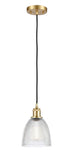 516-1P-SG-G382 Cord Hung 6" Satin Gold Mini Pendant - Clear Castile Glass - LED Bulb - Dimmensions: 6 x 6 x 9<br>Minimum Height : 12.75<br>Maximum Height : 130.75 - Sloped Ceiling Compatible: Yes
