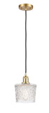 516-1P-SG-G402 Cord Hung 6.5" Satin Gold Mini Pendant - Clear Niagra Glass - LED Bulb - Dimmensions: 6.5 x 6.5 x 8.5<br>Minimum Height : 11.25<br>Maximum Height : 129.25 - Sloped Ceiling Compatible: Yes