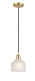 516-1P-SG-G411 Cord Hung 5.5" Satin Gold Mini Pendant - White Dayton Glass - LED Bulb - Dimmensions: 5.5 x 5.5 x 8.5<br>Minimum Height : 12.75<br>Maximum Height : 130.75 - Sloped Ceiling Compatible: Yes