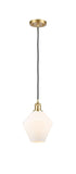 516-1P-SG-G651-8 Cord Hung 8" Satin Gold Mini Pendant - Cased Matte White Cindyrella 8" Glass - LED Bulb - Dimmensions: 8 x 8 x 11<br>Minimum Height : 14<br>Maximum Height : 131 - Sloped Ceiling Compatible: Yes