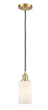 516-1P-SG-G801 Cord Hung 3.875" Satin Gold Mini Pendant - Matte White Clymer Glass - LED Bulb - Dimmensions: 3.875 x 3.875 x 10<br>Minimum Height : 12.75<br>Maximum Height : 130.75 - Sloped Ceiling Compatible: Yes