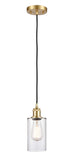 516-1P-SG-G802 Cord Hung 3.875" Satin Gold Mini Pendant - Clear Clymer Glass - LED Bulb - Dimmensions: 3.875 x 3.875 x 10<br>Minimum Height : 12.75<br>Maximum Height : 130.75 - Sloped Ceiling Compatible: Yes