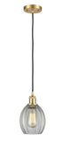 516-1P-SG-G82 Cord Hung 6" Satin Gold Mini Pendant - Clear Eaton Glass - LED Bulb - Dimmensions: 6 x 6 x 9.5<br>Minimum Height : 13.75<br>Maximum Height : 131.75 - Sloped Ceiling Compatible: Yes