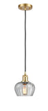 516-1P-SG-G92 Cord Hung 6.5" Satin Gold Mini Pendant - Clear Fenton Glass - LED Bulb - Dimmensions: 6.5 x 6.5 x 7.5<br>Minimum Height : 11.25<br>Maximum Height : 129.25 - Sloped Ceiling Compatible: Yes