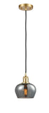 516-1P-SG-G93 Cord Hung 6.5" Satin Gold Mini Pendant - Plated Smoke Fenton Glass - LED Bulb - Dimmensions: 6.5 x 6.5 x 7.5<br>Minimum Height : 11.25<br>Maximum Height : 129.25 - Sloped Ceiling Compatible: Yes