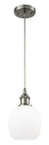 516-1P-SN-G101 Cord Hung 6" Brushed Satin Nickel Mini Pendant - Matte White Belfast Glass - LED Bulb - Dimmensions: 6 x 6 x 9<br>Minimum Height : 12.75<br>Maximum Height : 130.75 - Sloped Ceiling Compatible: Yes