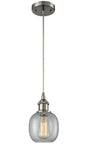 516-1P-SN-G104 Cord Hung 6" Brushed Satin Nickel Mini Pendant - Seedy Belfast Glass - LED Bulb - Dimmensions: 6 x 6 x 9<br>Minimum Height : 12.75<br>Maximum Height : 130.75 - Sloped Ceiling Compatible: Yes