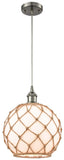 516-1P-SN-G121-10RB Cord Hung 10" Brushed Satin Nickel Mini Pendant - White Large Farmhouse Glass with Brown Rope Glass - LED Bulb - Dimmensions: 10 x 10 x 13<br>Minimum Height : 15.75<br>Maximum Height : 133.75 - Sloped Ceiling Compatible: Yes