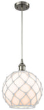 516-1P-SN-G121-10RW Cord Hung 10" Brushed Satin Nickel Mini Pendant - White Large Farmhouse Glass with White Rope Glass - LED Bulb - Dimmensions: 10 x 10 x 13<br>Minimum Height : 15.75<br>Maximum Height : 133.75 - Sloped Ceiling Compatible: Yes