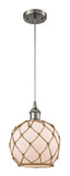 516-1P-SN-G121-8RB Cord Hung 8" Brushed Satin Nickel Mini Pendant - White Farmhouse Glass with Brown Rope Glass - LED Bulb - Dimmensions: 8 x 8 x 10<br>Minimum Height : 13.75<br>Maximum Height : 131.75 - Sloped Ceiling Compatible: Yes