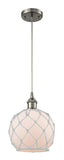 516-1P-SN-G121-8RW Cord Hung 8" Brushed Satin Nickel Mini Pendant - White Farmhouse Glass with White Rope Glass - LED Bulb - Dimmensions: 8 x 8 x 10<br>Minimum Height : 13.75<br>Maximum Height : 131.75 - Sloped Ceiling Compatible: Yes