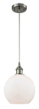516-1P-SN-G121-8 Cord Hung 8" Brushed Satin Nickel Mini Pendant - Cased Matte White Athens Glass - LED Bulb - Dimmensions: 8 x 8 x 10<br>Minimum Height : 13.75<br>Maximum Height : 131.75 - Sloped Ceiling Compatible: Yes
