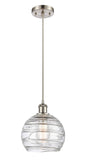 516-1P-SN-G1213-8 Cord Hung 8" Brushed Satin Nickel Mini Pendant - Clear Athens Deco Swirl 8" Glass - LED Bulb - Dimmensions: 8 x 8 x 10<br>Minimum Height : 13.75<br>Maximum Height : 131.75 - Sloped Ceiling Compatible: Yes