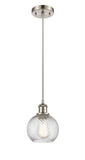516-1P-SN-G1214-6 Cord Hung 6" Brushed Satin Nickel Mini Pendant - Clear Athens Twisted Swirl 6" Glass - LED Bulb - Dimmensions: 6 x 6 x 8<br>Minimum Height : 13.75<br>Maximum Height : 131.75 - Sloped Ceiling Compatible: Yes