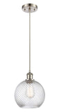516-1P-SN-G1214-8 Cord Hung 8" Brushed Satin Nickel Mini Pendant - Clear Athens Twisted Swirl 8" Glass - LED Bulb - Dimmensions: 8 x 8 x 10<br>Minimum Height : 13.75<br>Maximum Height : 131.75 - Sloped Ceiling Compatible: Yes