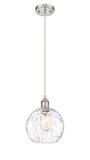 516-1P-SN-G1215-8 Cord Hung 8" Brushed Satin Nickel Mini Pendant - Clear Athens Water Glass 8" Glass - LED Bulb - Dimmensions: 8 x 8 x 10<br>Minimum Height : 13.75<br>Maximum Height : 131.75 - Sloped Ceiling Compatible: Yes