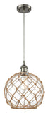 516-1P-SN-G122-10RB Cord Hung 10" Brushed Satin Nickel Mini Pendant - Clear Large Farmhouse Glass with Brown Rope Glass - LED Bulb - Dimmensions: 10 x 10 x 13<br>Minimum Height : 15.75<br>Maximum Height : 133.75 - Sloped Ceiling Compatible: Yes