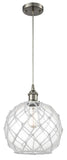 516-1P-SN-G122-10RW Cord Hung 10" Brushed Satin Nickel Mini Pendant - Clear Large Farmhouse Glass with White Rope Glass - LED Bulb - Dimmensions: 10 x 10 x 13<br>Minimum Height : 15.75<br>Maximum Height : 133.75 - Sloped Ceiling Compatible: Yes