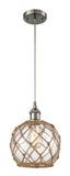 516-1P-SN-G122-8RB Cord Hung 8" Brushed Satin Nickel Mini Pendant - Clear Farmhouse Glass with Brown Rope Glass - LED Bulb - Dimmensions: 8 x 8 x 10<br>Minimum Height : 13.75<br>Maximum Height : 131.75 - Sloped Ceiling Compatible: Yes